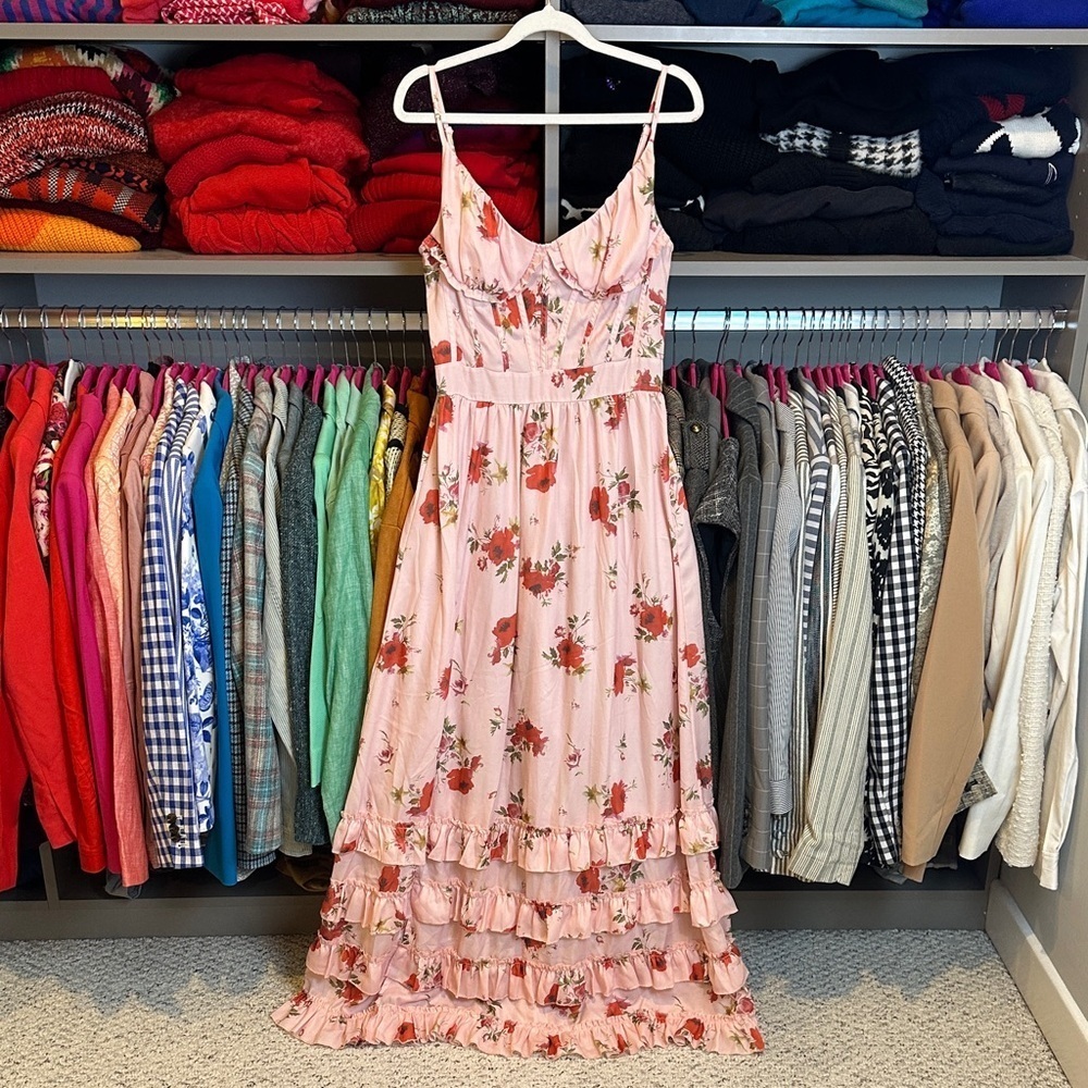 Unbranded pink/red floral adjustable strap back zipper closure maxi dress XS